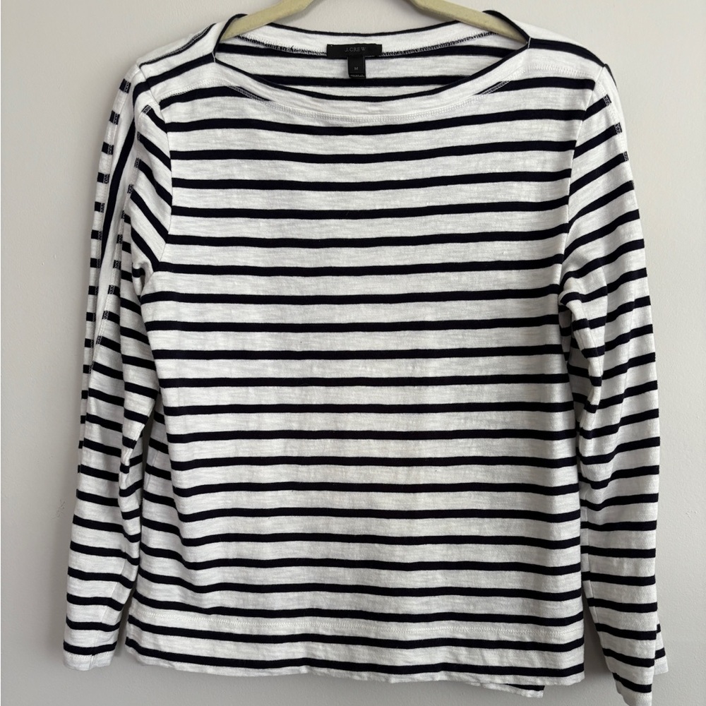 J. Crew Navy and White Striped knit Shirt. Boat neck. Size M